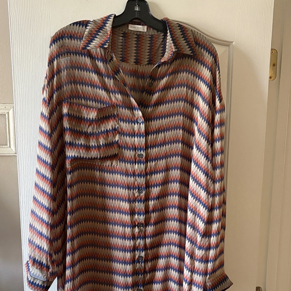 Miss Love‎ Blue, Brown and Gray Geometric Sheer Collared Oversized dress size M
